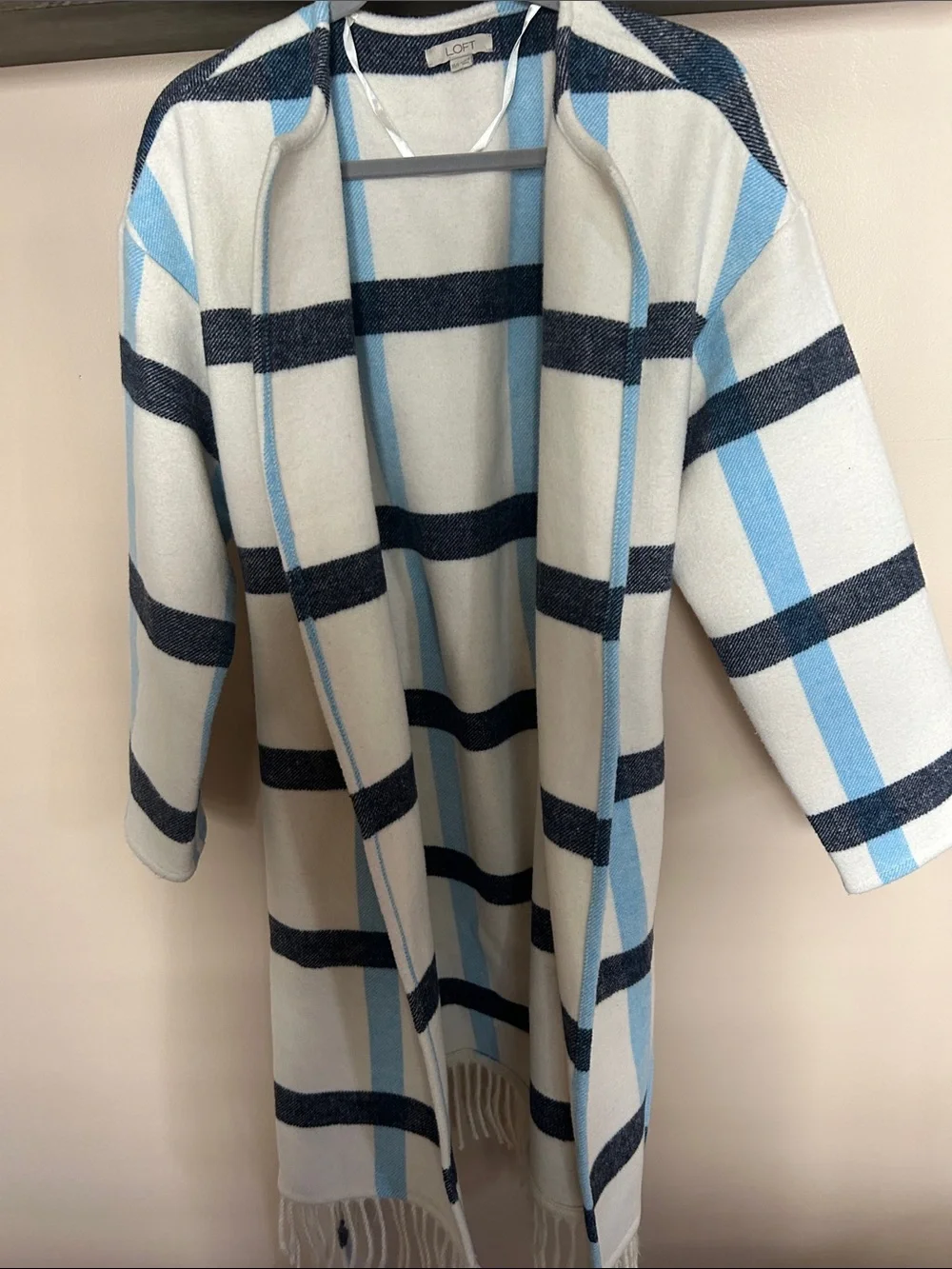 Striped Belted Fringe Multi coat in White, Light Blue & Navy (worn 2x)
